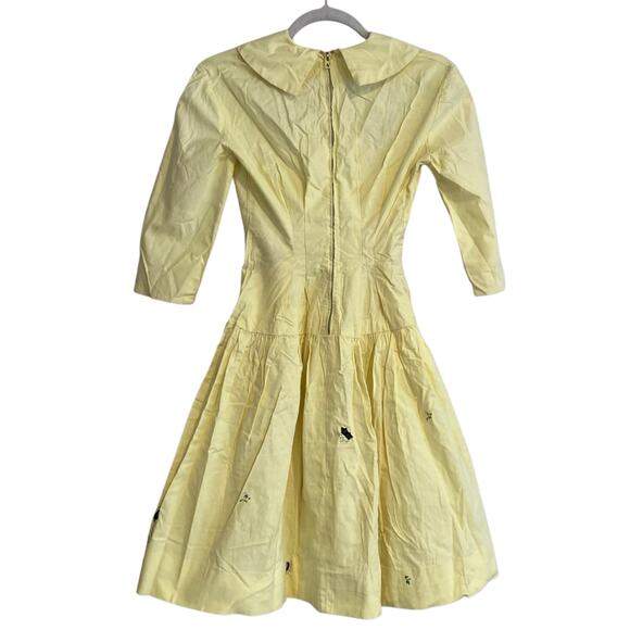 Vintage 40s 50s Butter Yellow Long Sleeve Drop Waist Embroidered Dress Sz XS - Picture 2 of 16